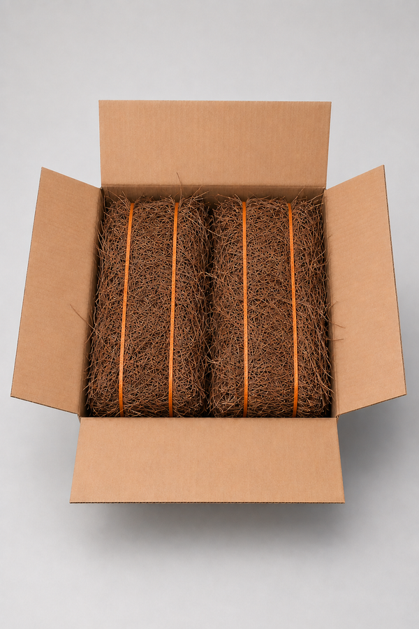 An open brown cardboard box viewed from above, containing two bundled strips of natural coir rope secured with orange bands, on a light gray background.